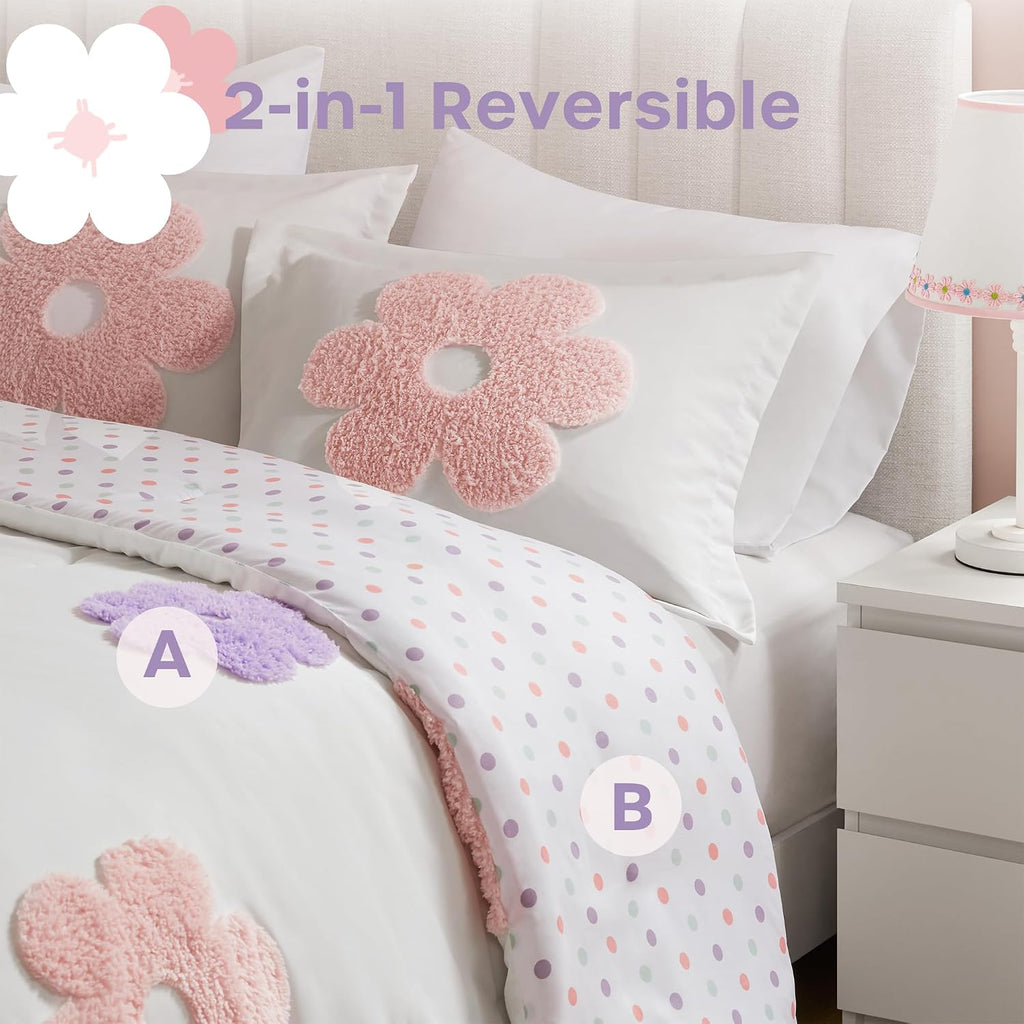 Kids Full Comforter Set for Girls, Tufted Chenille Floral Comforter Set Queen, Lightweight Polka Dot Reversible Bed