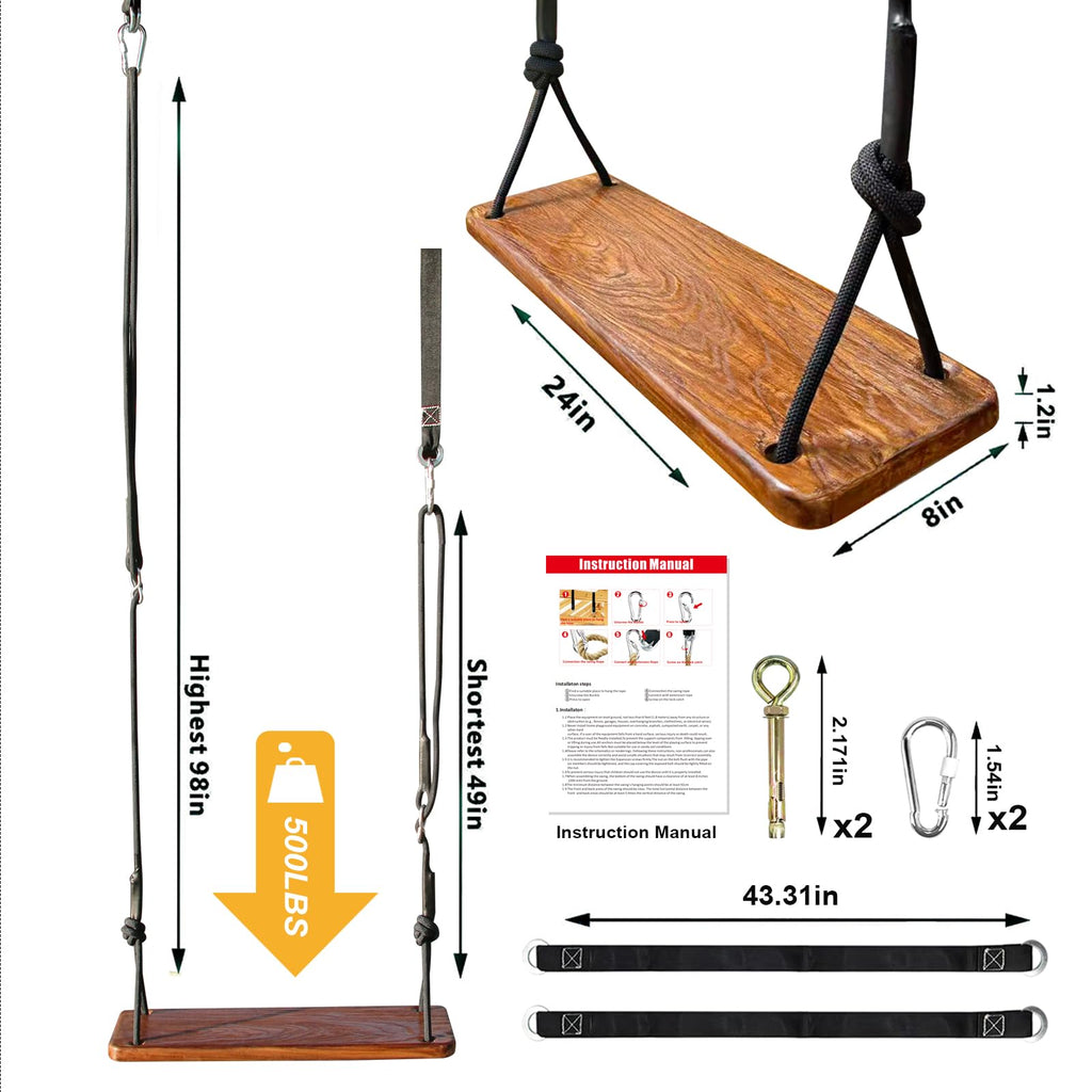 Hanging Wooden Tree Swing with Adjustable Climbing Rope & Tree Straps