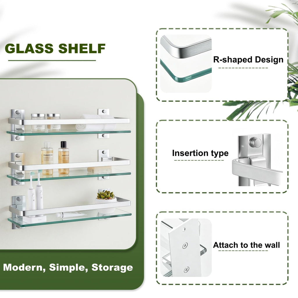 Bathroom Glass Shelf 15.7" Silver Wall-Mounted, Floating Metal Storage Rack
