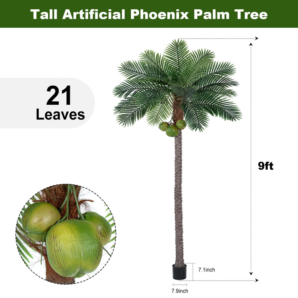 9ft Tall Artificial Phoenix Palm Tree with 3 Coconut Fruits, Large Fake Tropical Silk Tree Outside, Fake Tree Perfect