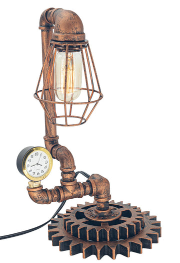 Vintage Copper Steampunk Pipe Table Lamp with Clock (Cage Shade Design)