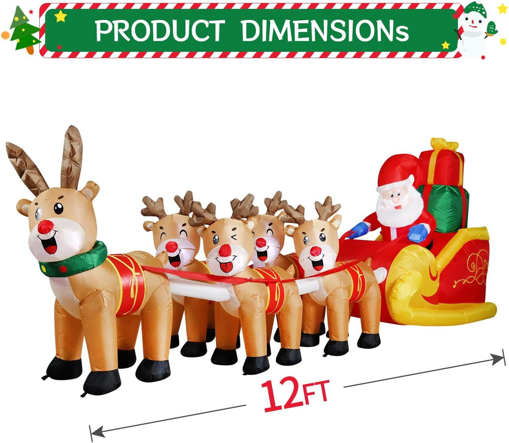 12 FT Christmas Inflatable Outdoor Santa Claus on Sleigh with Five Reindeer, Building LED Lights, Blow Up Yard