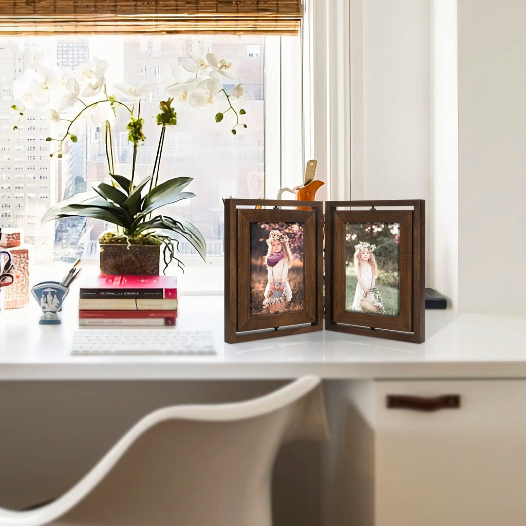 5x7 Picture Frame Rustic Wood Hinged Folding Double Photo Frame, Double Sided Display Rotatable High Definition Glass