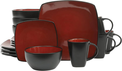 Soho Lounge Square 16-Piece Dinnerware Set, Service for 4, Reactive Glaze Stoneware Plates and Bowls, Modern Dishes
