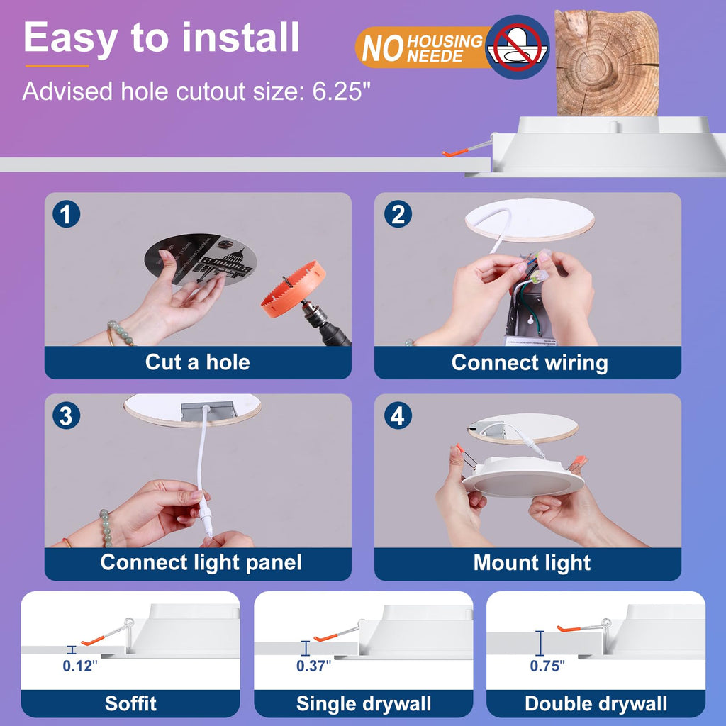 Smart Recessed Lighting 6 Inch RGBCW Color Changing 16W LED Downlight with Junction Box,1350 Lumen Recessed Ceiling