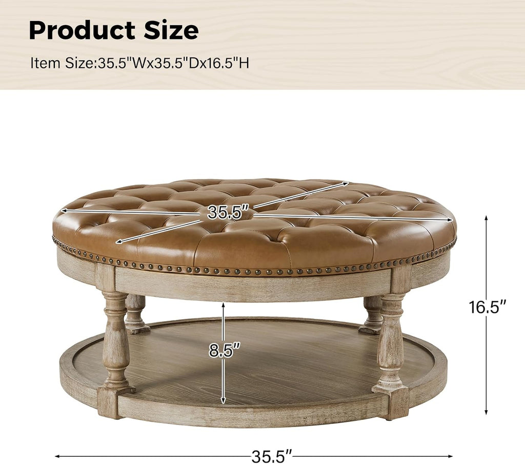 Faux Leather Ottoman Coffee Table , Large Round Button Tufted Cocktail, Upholstered Footrest Storage Ottoman with