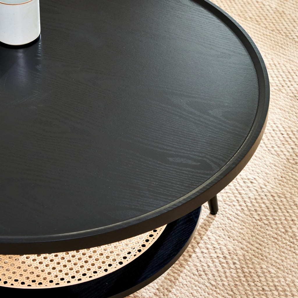 Mossi Wood and Rattan Coffee Table, Mid Century Modern Round Coffee Table, 2-Tier Boho Center Table for Small Space
