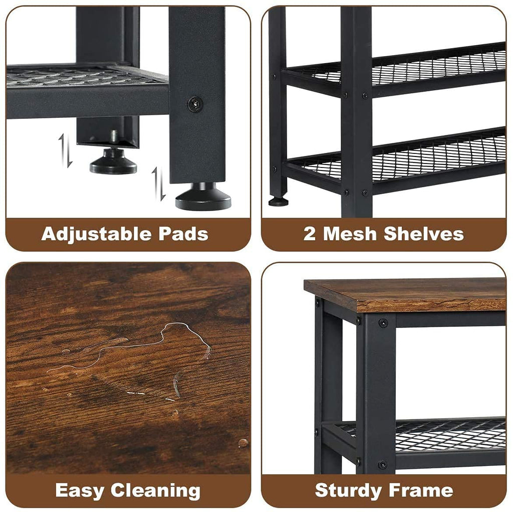 Shoe Bench, 3-Tier Industrial Shoe Rack Bench, Entryway Bench Shoe Organizer with 2 Mesh Shoe Storage Shelves, Wood