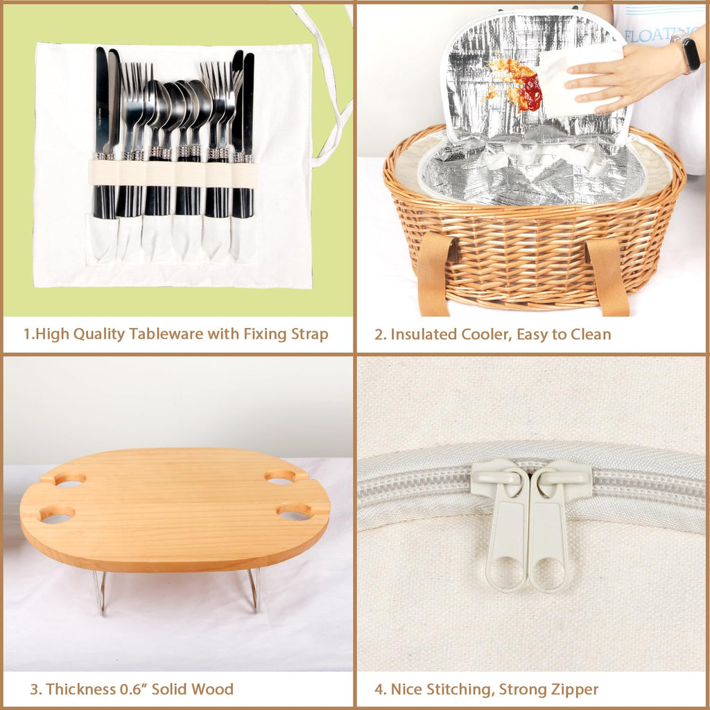 Wicker Picnic Basket Set for 4 with Mini Folding Wine Picnic Table & Large Insulated Cooler Bag & Cutlery Service