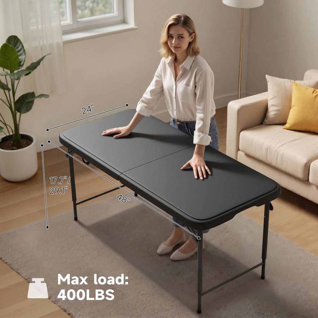 4 FT Folding Table, 3-Position Adjustable Height, Heavy Duty 400 lbs Capacity, Portable Table for Camping, Party