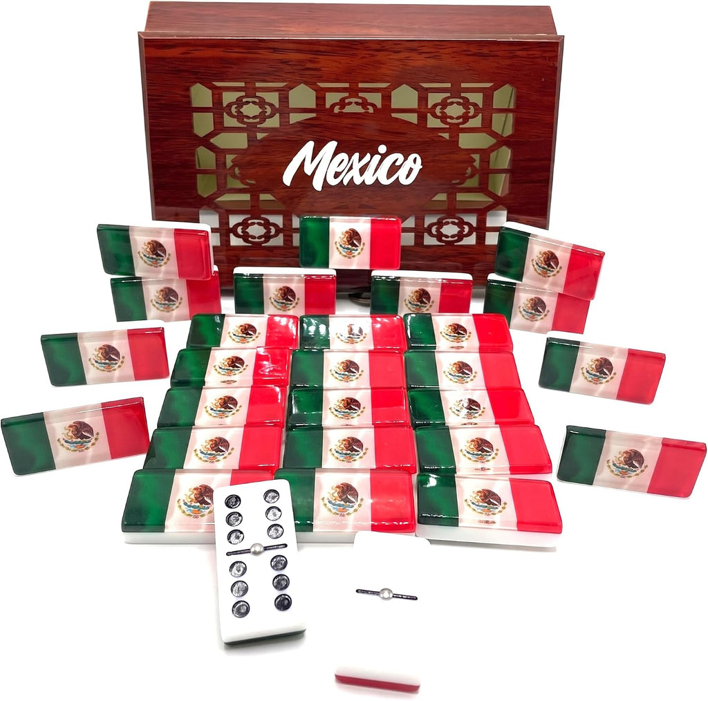 Mexico flag Dominoes Premium Edition Mexican Dominoes Set Deluxe - Double Six Domino Adult Tiles with Mexican Flag