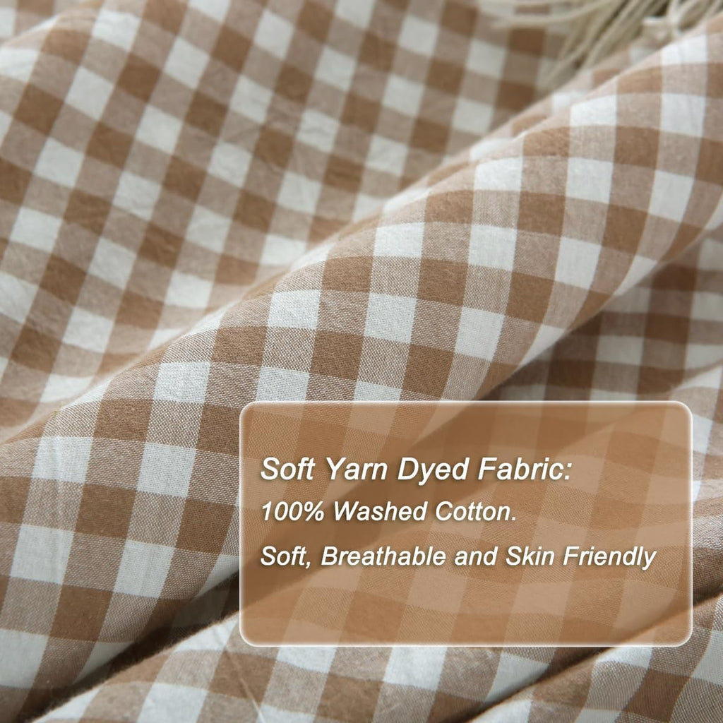 Taupe/White Plaid Ruffle Duvet Cover King,100% Washed Cotton 3 Pcs Vintage Checkered Chic Gingham Bedding Set