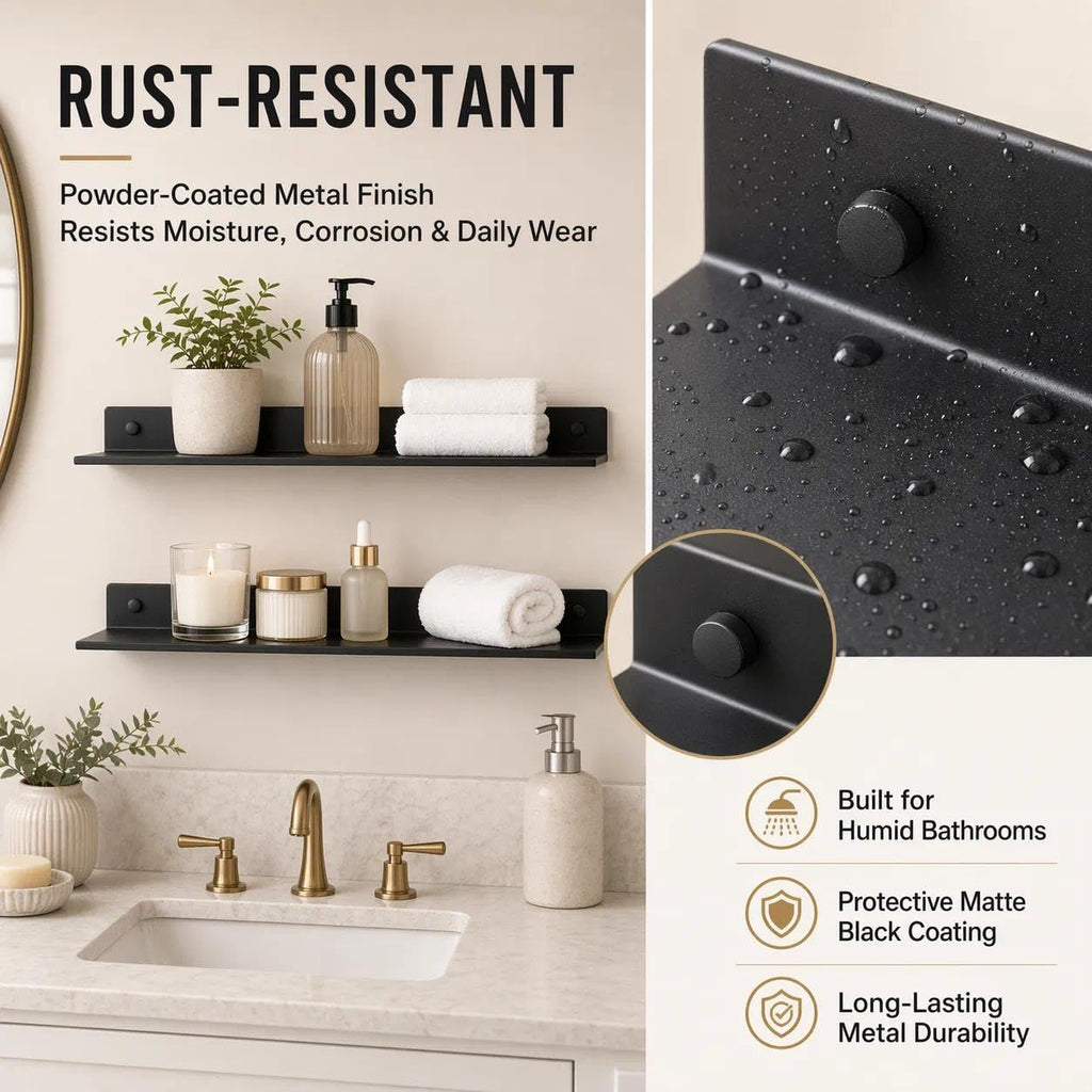 Bathroom Shelf, Small Floating Wall Shelves, Decorative Ledge Shelf, Aluminum, Wall Mounted, Matt Black, 24/20/16