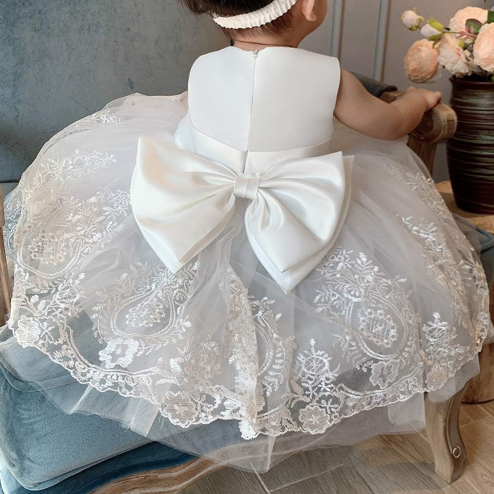 0-6 Years Toddler Baby Girls Pageant Lace Embroidery Dresses Formal Dress with Headwear