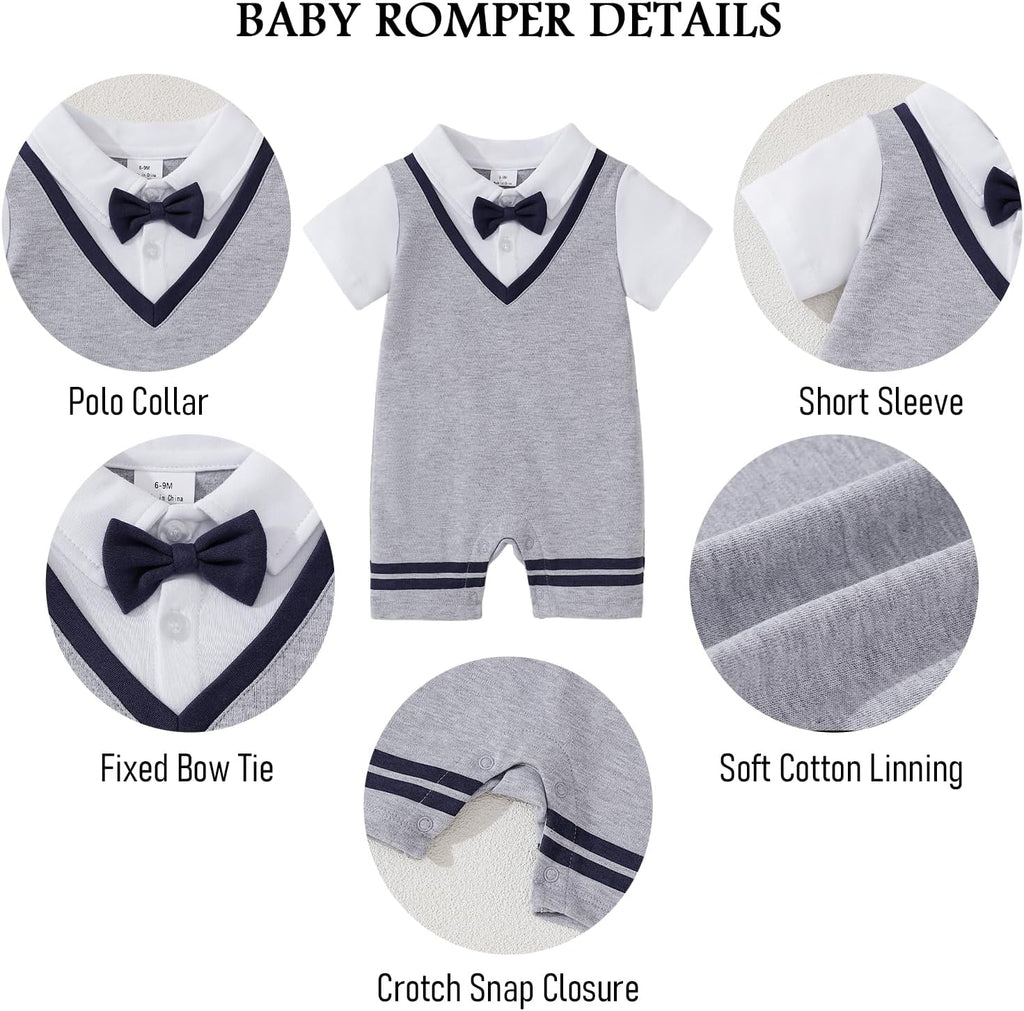 Baby Boys Romper 100% Cotton Bow Tie Jumpsuit