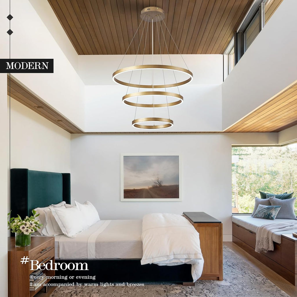 LED 3-Ring Chandelier Gold Dimmable Modern Pendant Light with Remote Control Vintage Brass LED Circle Chandelier for