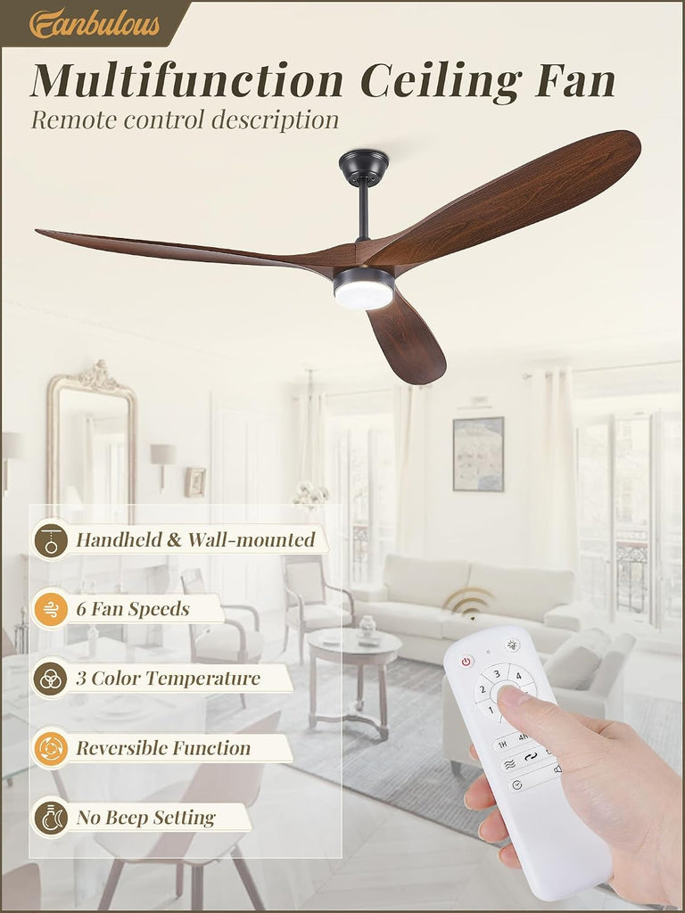 Inspired Maverick Style 70 inch Propeller Ceiling Fan With Light, Led Large Ceiling Fan with 6 Speeds, 3 ABS Wood Grain Blades Outdoor Ceiling Fans for Patios, Porch, Bedroom, 1/4/8H Timing- Deep Walnut A101-B0DJT2WV2T