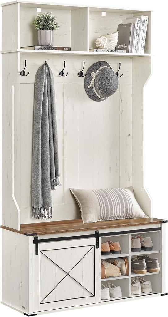 Hall Tree with Bench and Shoe Storage, Coat Rack with Shoe Bench, Entryway Furniture, 6 Tri-Hooks, Sliding Door
