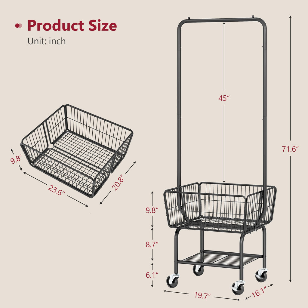 Rolling Laundry Cart with Hanging Rack & Laundry Basket, Black