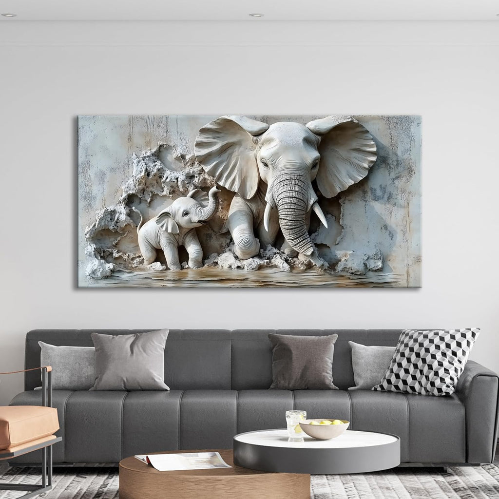 Warm Mother & Baby Elephant Texture Art Picture - Frameless Canvas Wall Art Painting, Family Room, Hallway - 58'' x