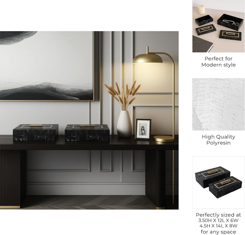 Elegant Decorative Boxes Decor with Lid - Marble Jewelry and Keepsake Boxes with Gold Handle - Bold Home Organizer - Set of 2