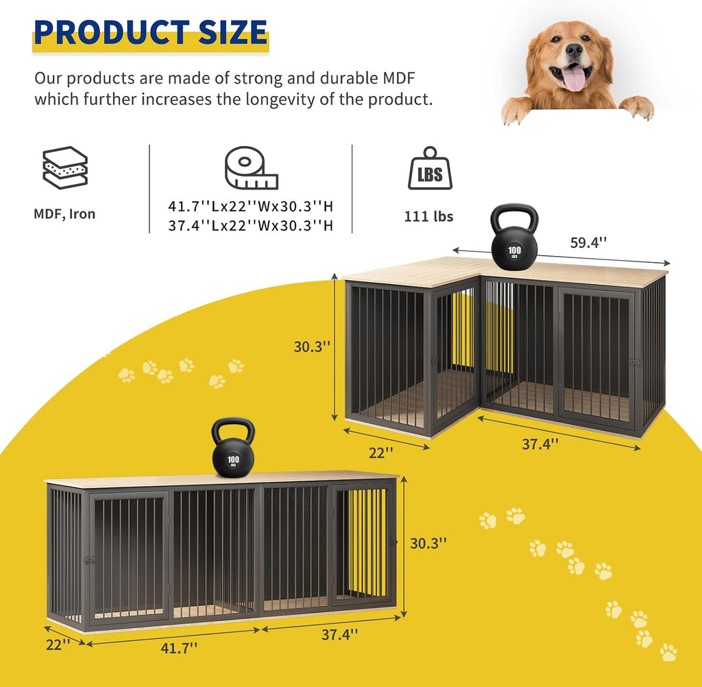 Dog Crate Furniture for 2 Dogs, Large Dog Kennel Furniture with Dividers and Double Doors, All Steel Frame