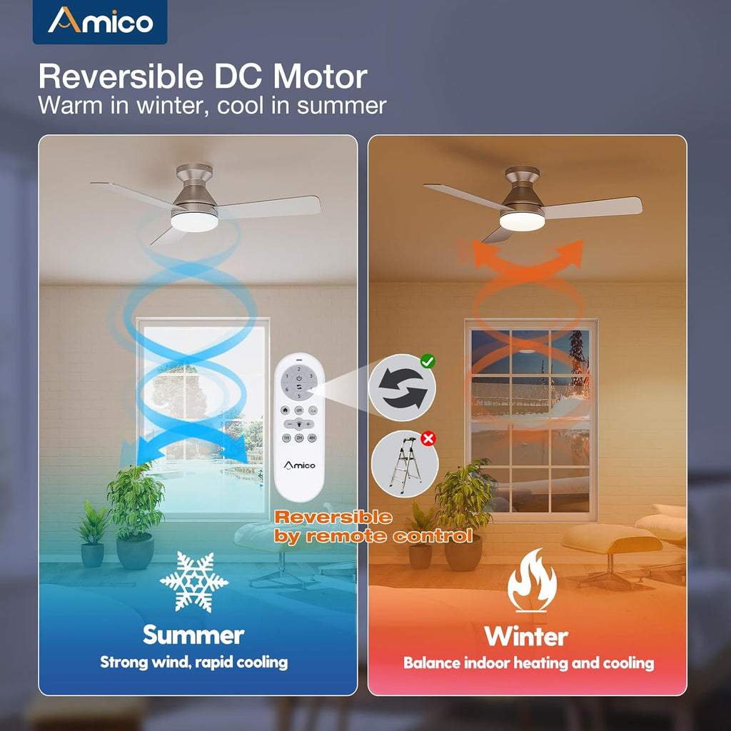 Ceiling Fans with Lights, 42 inch Low Profile Ceiling Fan with Light and Remote Control, Flush Mount, Reversible, 3CCT, Dimmable, Noiseless, Silver Ceiling Fan for Bedroom, Indoor/Outdoor Use A102-B0D87FTJGZ
