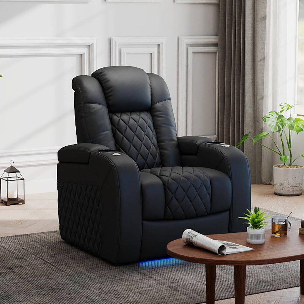 Home Theater Seating Genuine Leather Recliner Chair, Power Reclining & Headrest, USB A/C Charging Ports