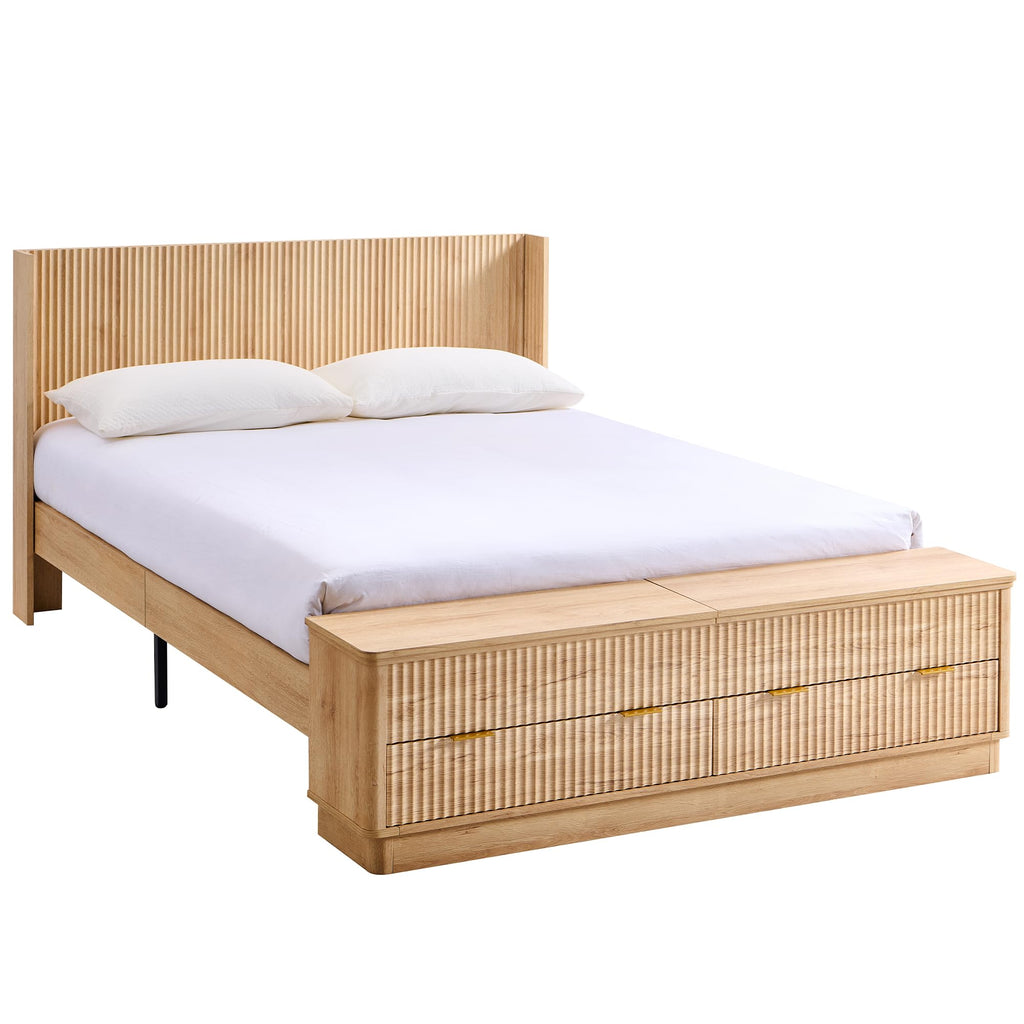 Fluted Queen Bed with Headboard and Storage Bench, Natural Oak