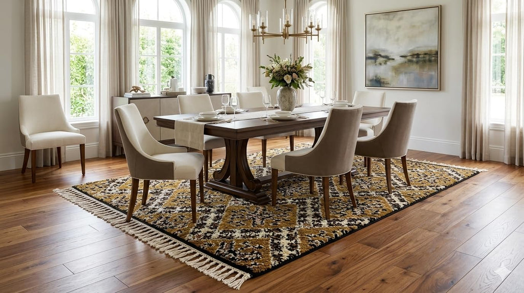 Wool Rug 6' x 9' - Handmade Berber Shag Area Rug, Ochre and Cream Traditional Diamond Pattern, Atlas Artisan Wool