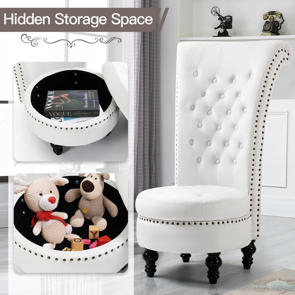 High Back Velvet Throne Chair with Storage & Nailhead Trim, White