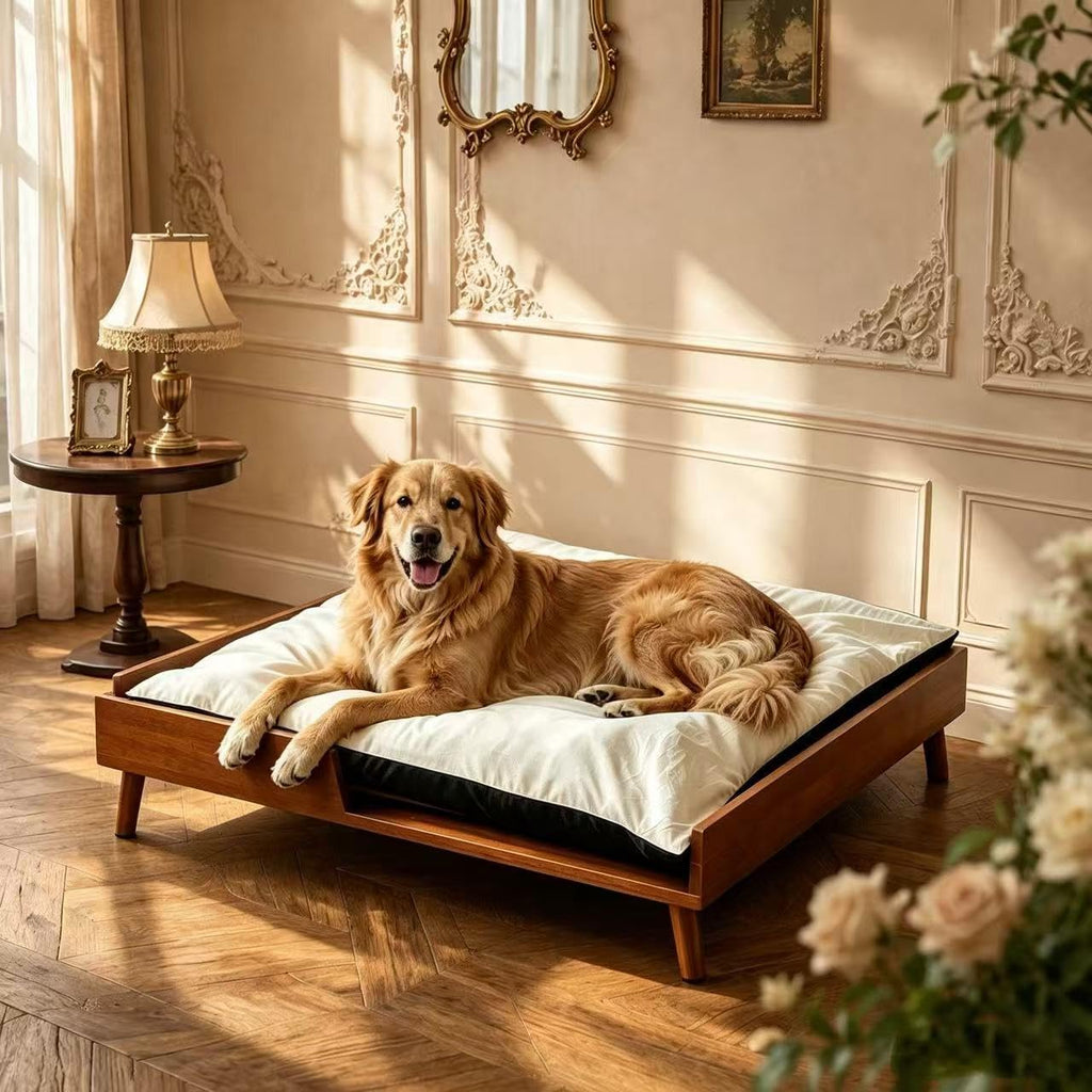 Elevated Dog Bed, Solid Wood Raised Pet Bed Frame with Cushion, Large