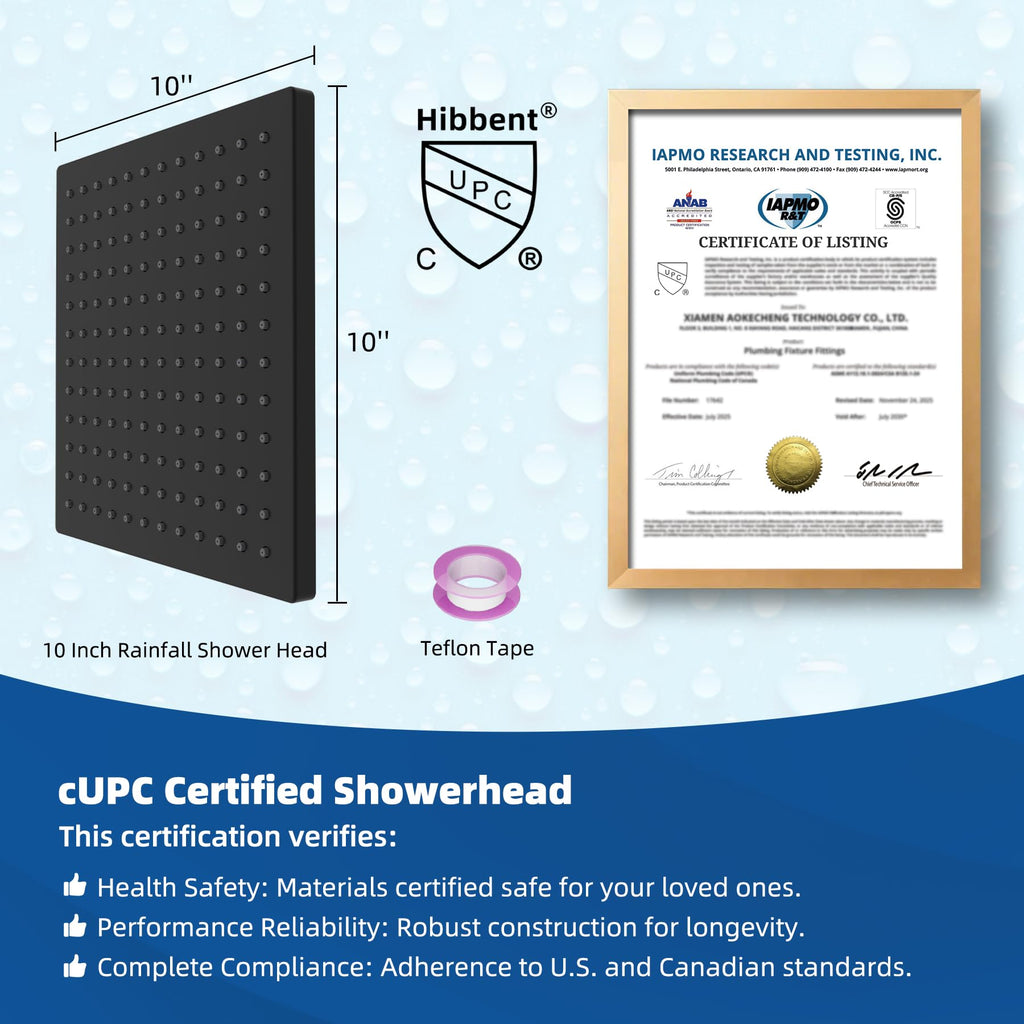 CUPC Certified High Pressure 10'' Rain Shower Head, Matte Black