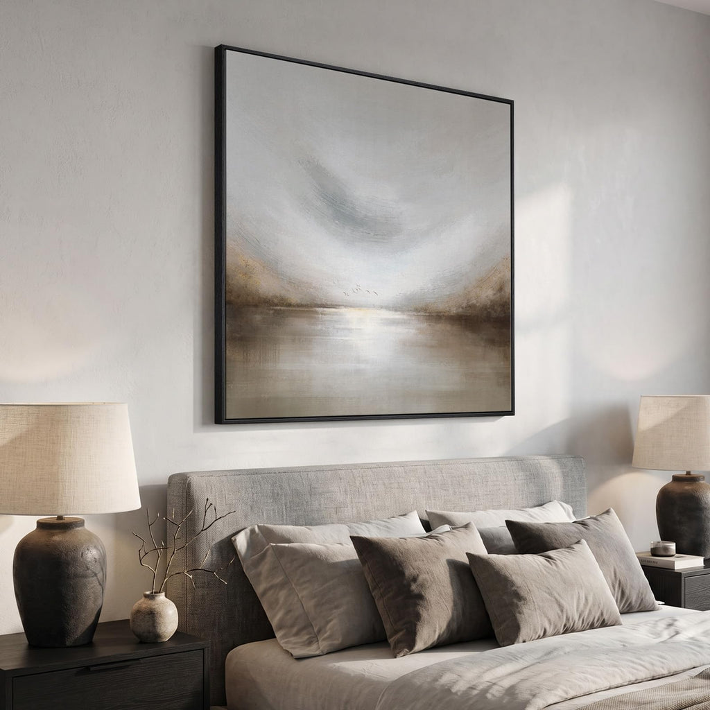 Extra Large Framed Neutral Gray Abstract Landscape Wall Art Decor, 48x48 In