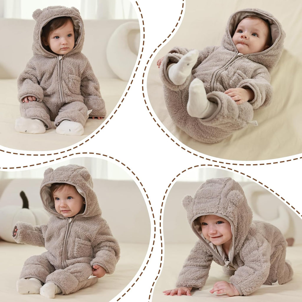 Baby Bear Outfit With Fold-Over Mittens and Footies Girls Boys Winter Fleece Clothes Hooded Romper Snowsuit