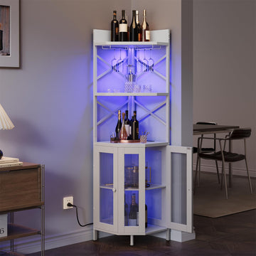 Corner Bar Cabinet with Power Outlet, 5-Tier Corner Wine Cabinet with Led Strip and Glass Holder, Industrial Tall