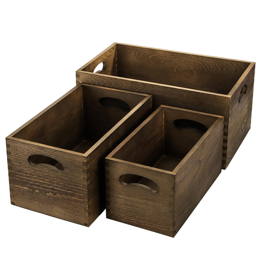 Set of 3 Nesting Wooden Crates, Wood Crate Box with Handle, Rustic Brown Decorative Wood Storage Crates Container