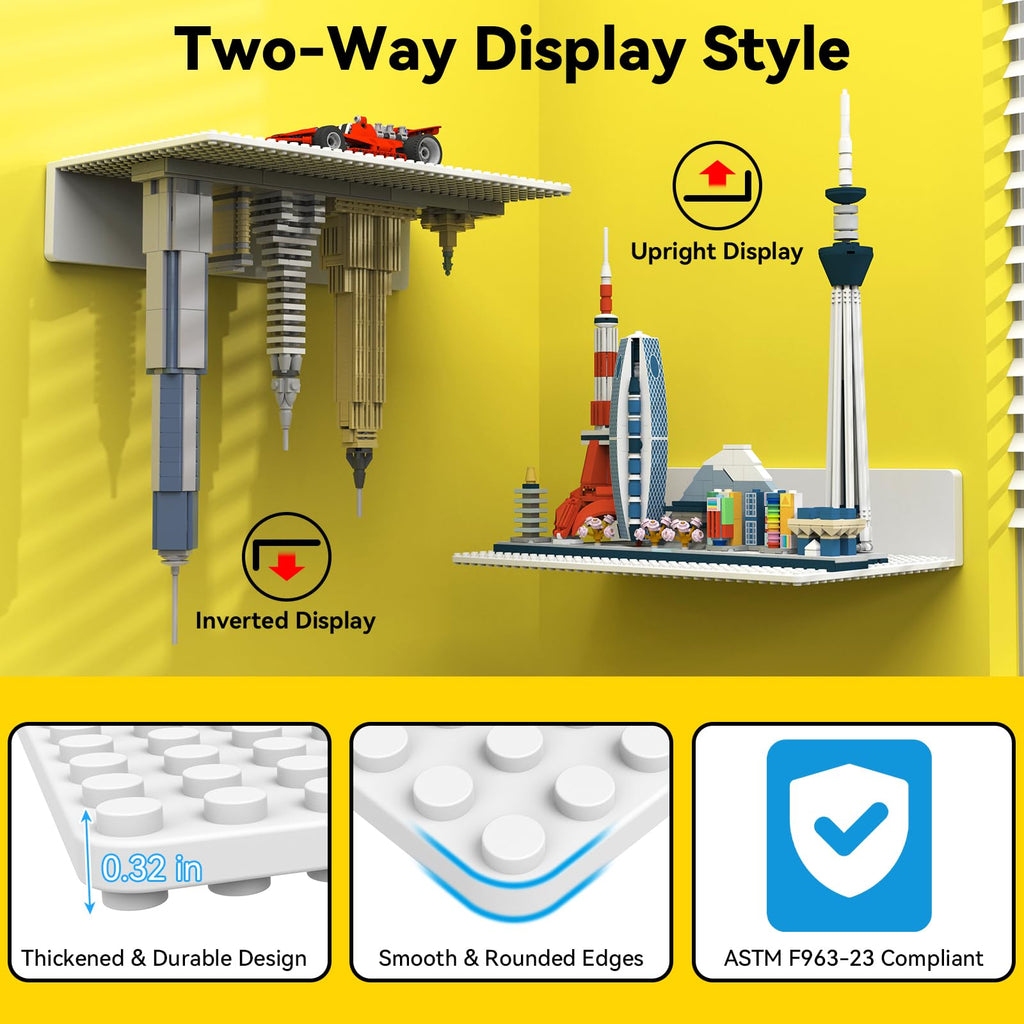 8-Pack Floating Shelves for Wall Compatible with Lego Bricks, White