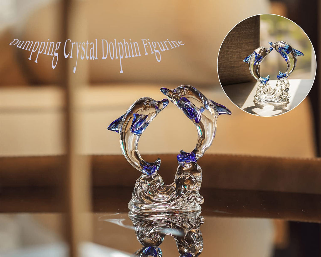 Double Crystal Glass Dolphin Figurines Sea Animal Statue Table Desk Decor
