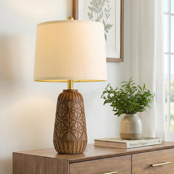 24" Modern Farmhouse Table Lamp, Geometric Hand-Carved Resin Bedside Lamp with Wood Grain Finish, Rustic Nightstand