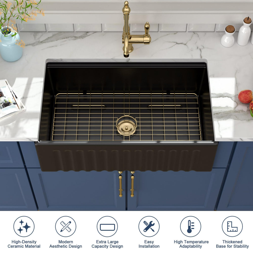 33 Inch Matte Black Farmhouse Sink Workstation Fireclay