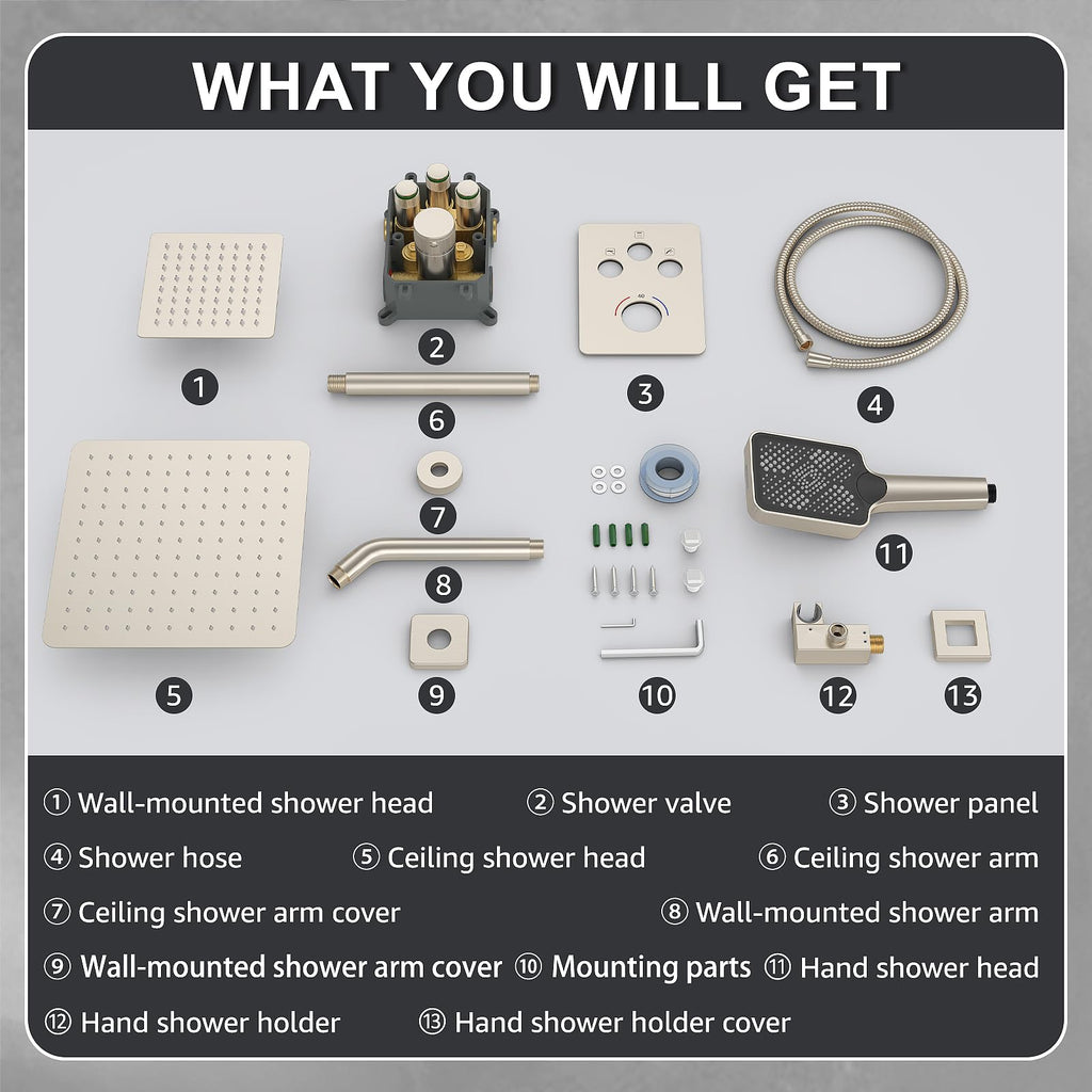 Thermostatic Shower System with Adjustable Water Flow Push Button Diverter, Square Dual Shower Heads Faucet Set with