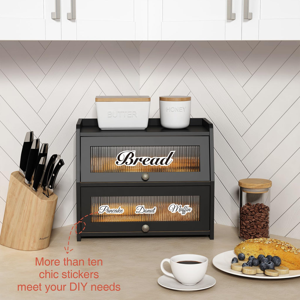 Large Countertop, Black Bread Storage Container made Bread, Double Layer Farmhouse Breadbox Organizer Counter