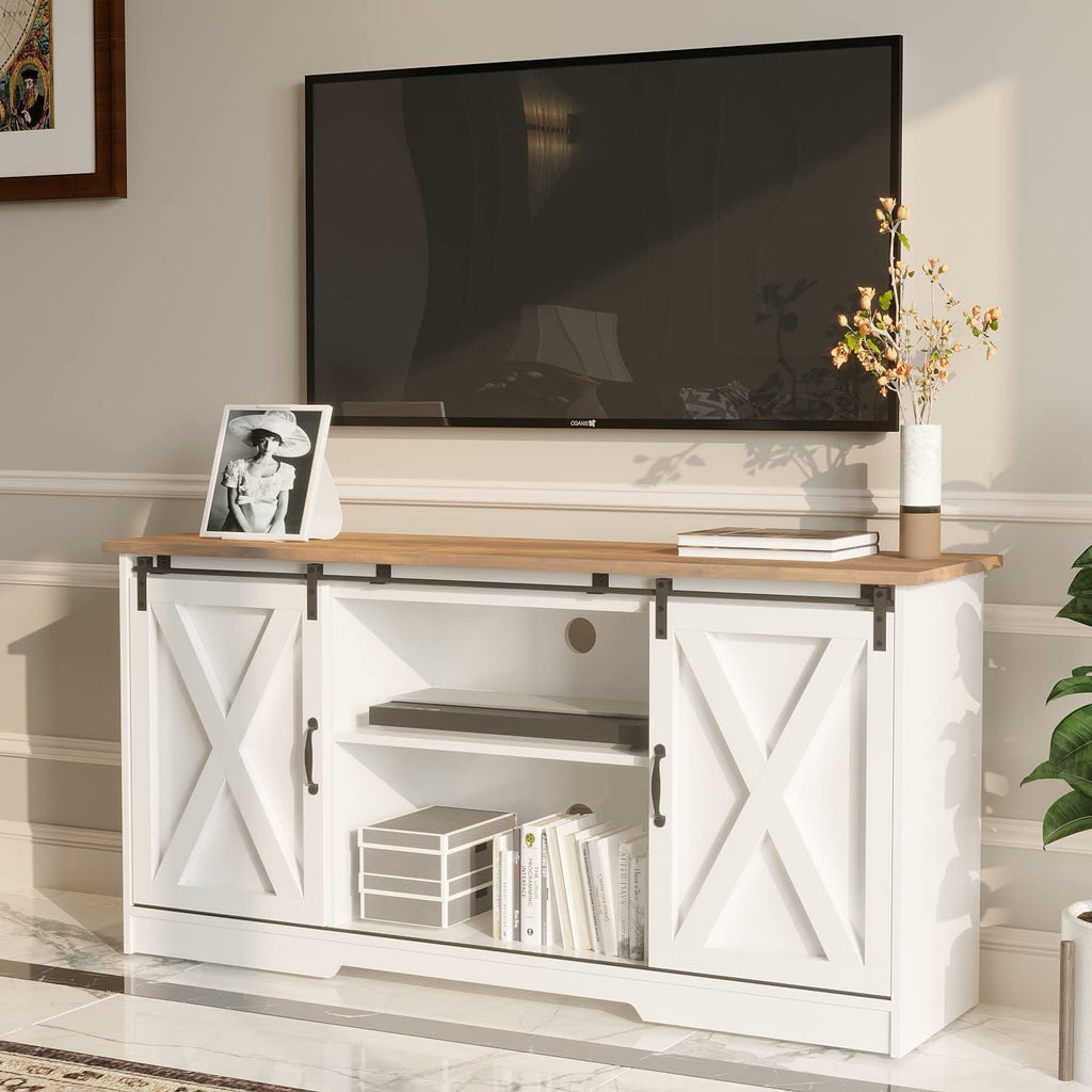 Farmhouse TV Stand for 65 Inch TV, Sliding Barn Doors, White