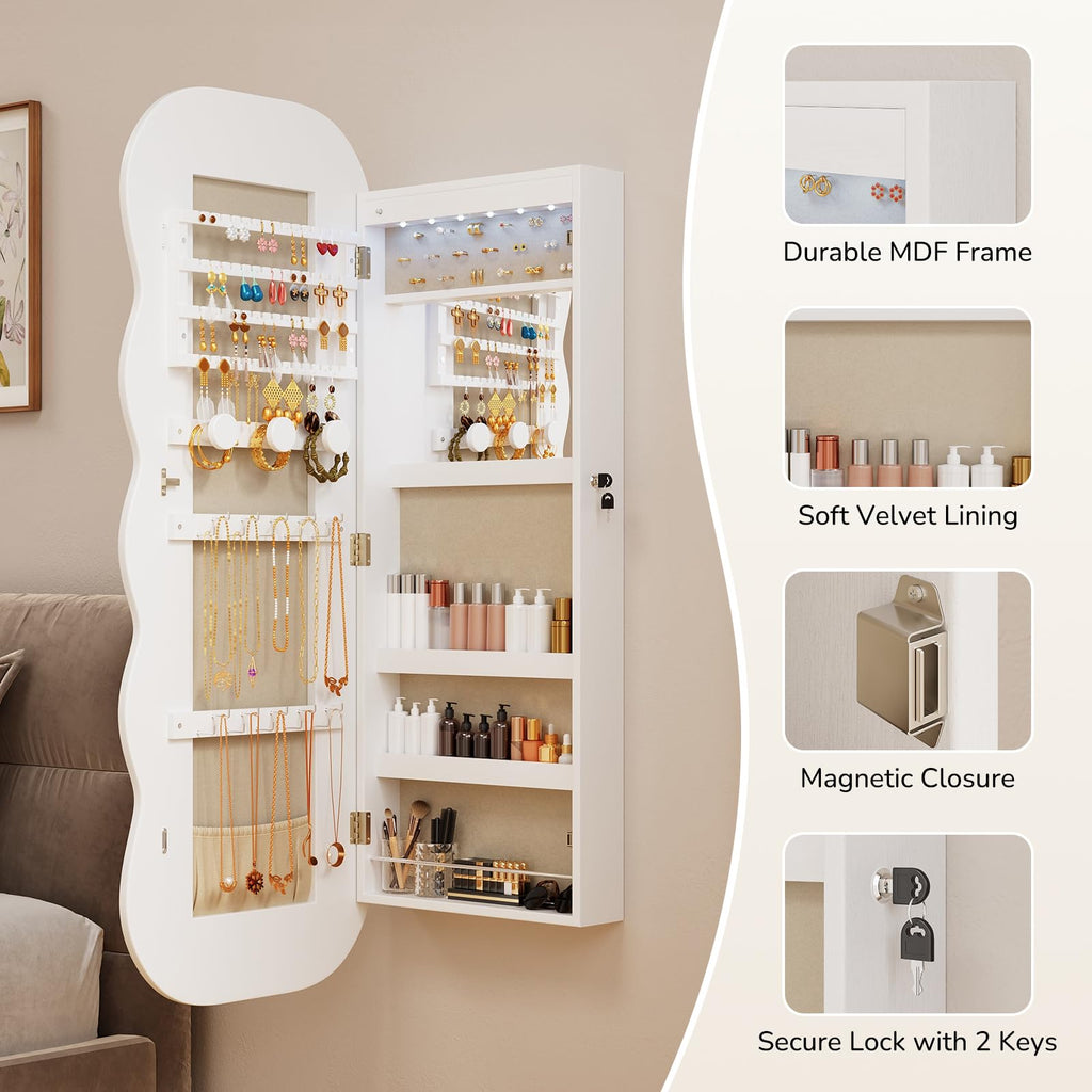 Wavy Mirror Jewelry Cabinet, Hanging Jewelry Organizer, White