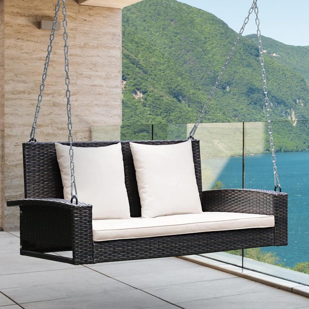 2-Seat Rattan Porch Swing, Wicker Outdoor Swings w/7.9 Ft Solid Metal Chain, Back & Seat Cushions for Garden