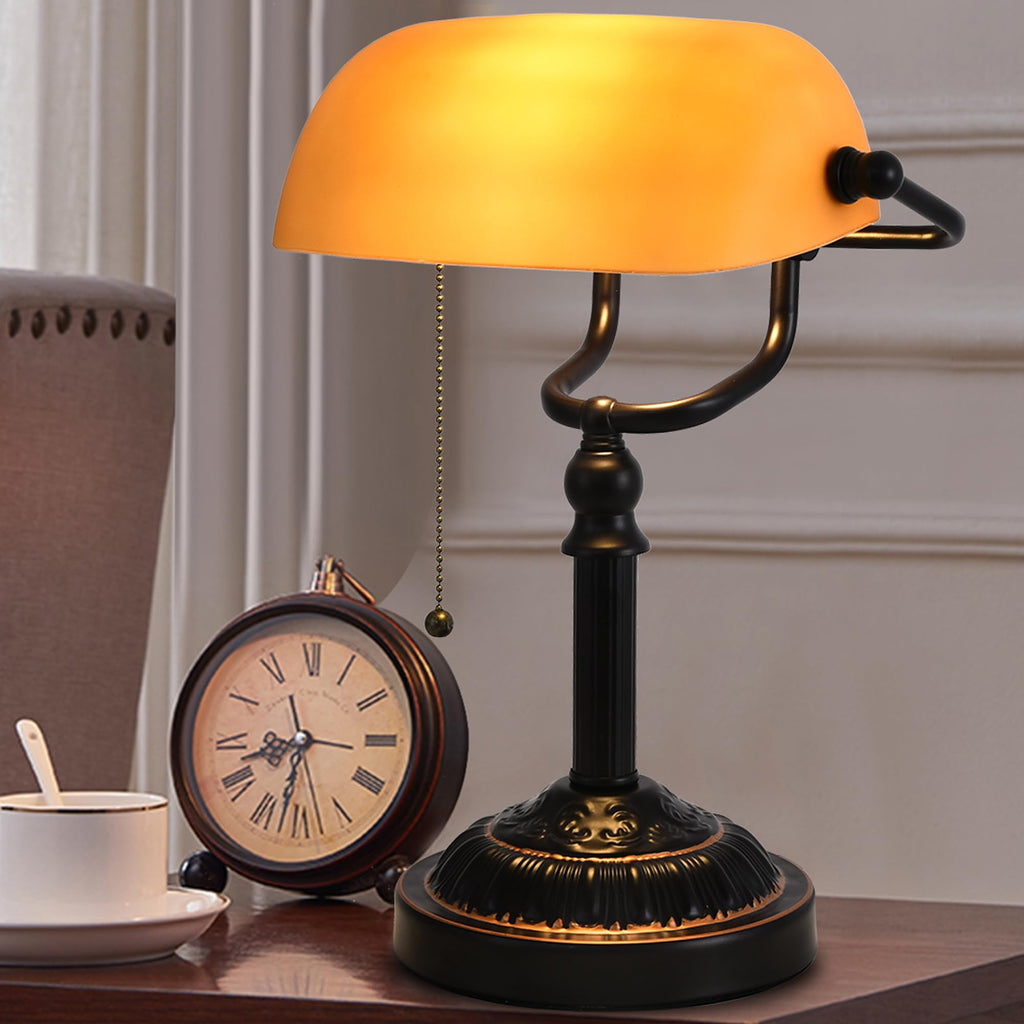 Bankers Desk Lamp with USB-A Port, Rustic Desk Lamp Pull Chain with Yellow Glass Shade, Vintage Banker's Desk Lamp