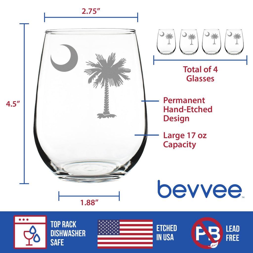 South Carolina Flag Wine Glass for South Carolinians - 17 oz - Set of 4