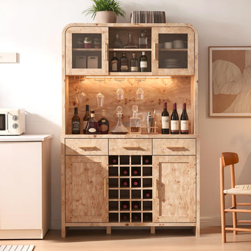 77" Tall Pantry Cabinet & Coffee Bar Cabinet with Storage, Light Burl, 2 Pcs
