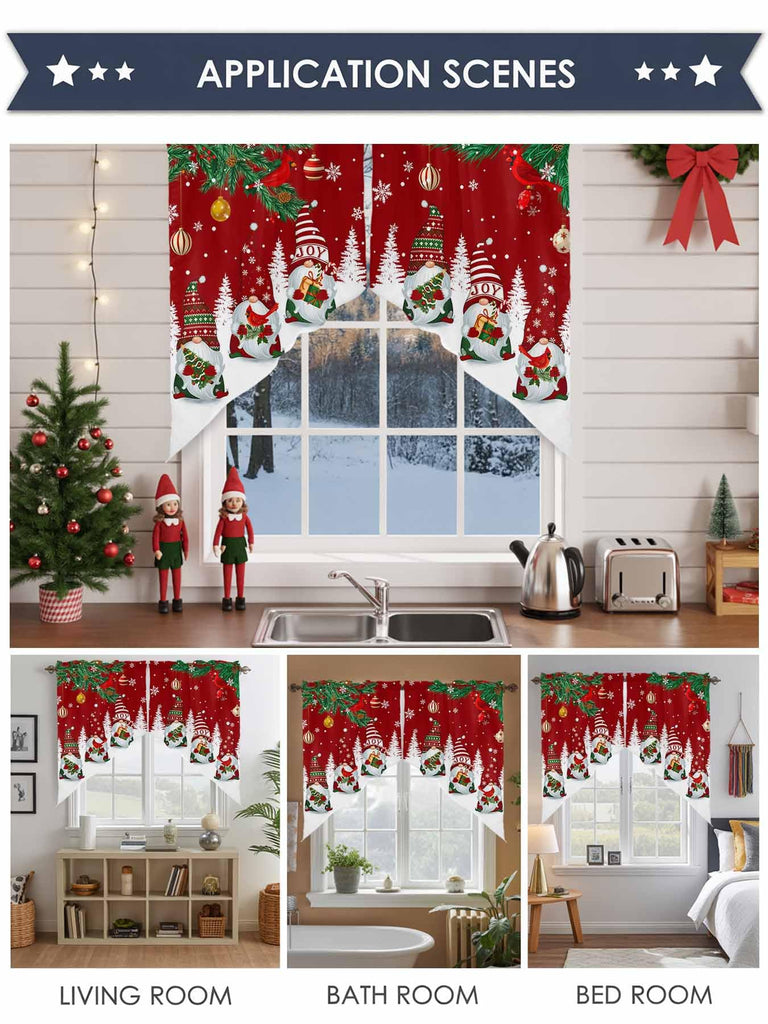 Swag Valances for Windows, Merry Christmas Tree Gnomes Red Rod Pocket Kitchen Window Curtains Over Sink, Cardinals